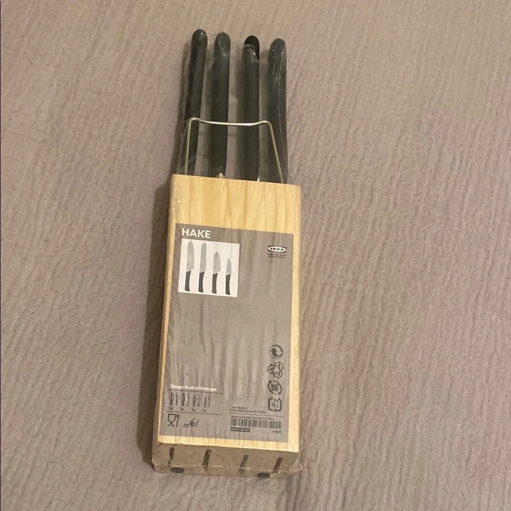 Ikea Hake 4pc Stainless Steel Knife Set + Wooden Holding Block New
